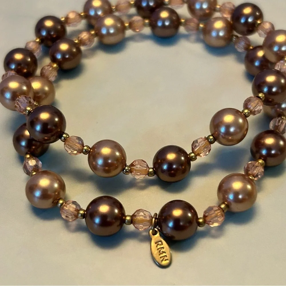 Luxurious Champagne and Brown Faux Pearl Stretch Bracelets by RMN